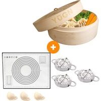 Stoommandje Bamboe en Dumpling Maker Set van 3 formaten en inclusief Siliconenmat