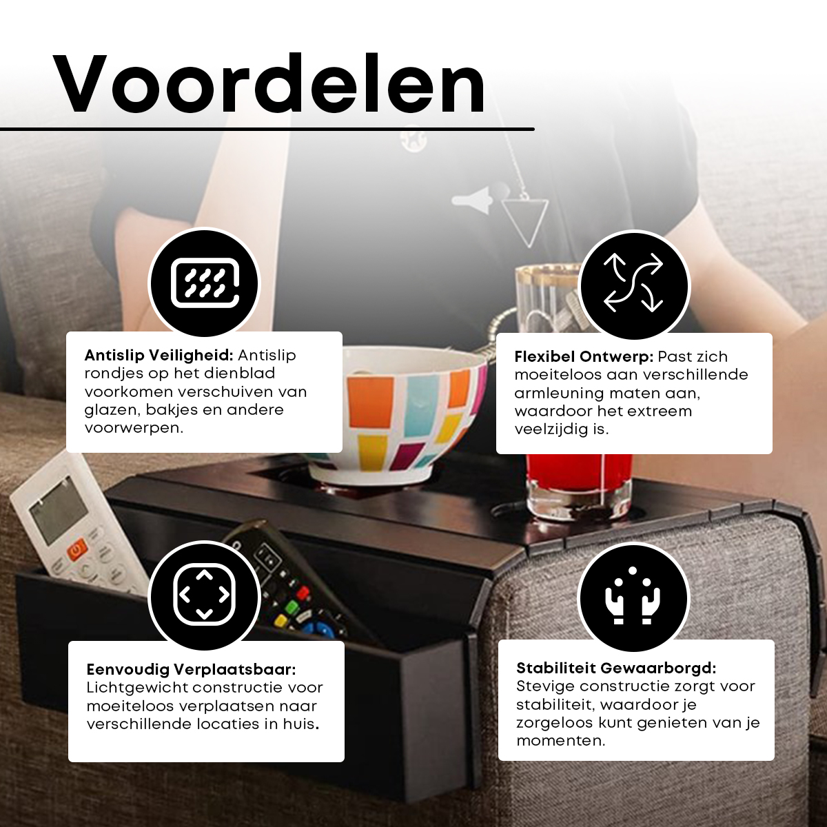 Flexibel Banktafeltje Voor Sofa Natural Bliss Bamboe Armleuning Dienblad – Flexibel, Antislip, Voor Op De Bank, Ideaal Voor Drankjes, Snacks, Telefoon Natural Bliss Banktafeltje